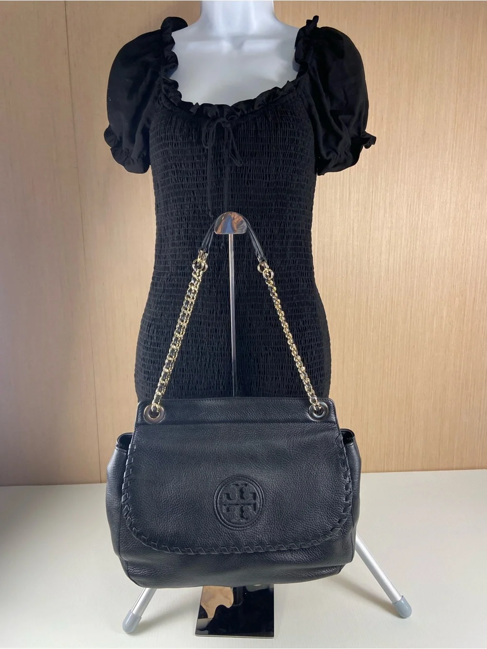 Tory Burch Black Pebbled Leather Convertible Gold Chain Shoulder Bag